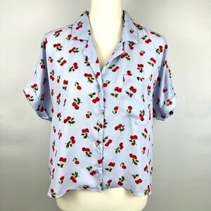 Abound Cherry Print Blouse Cropped Short Sleeves Button Up Light Blue Size XS